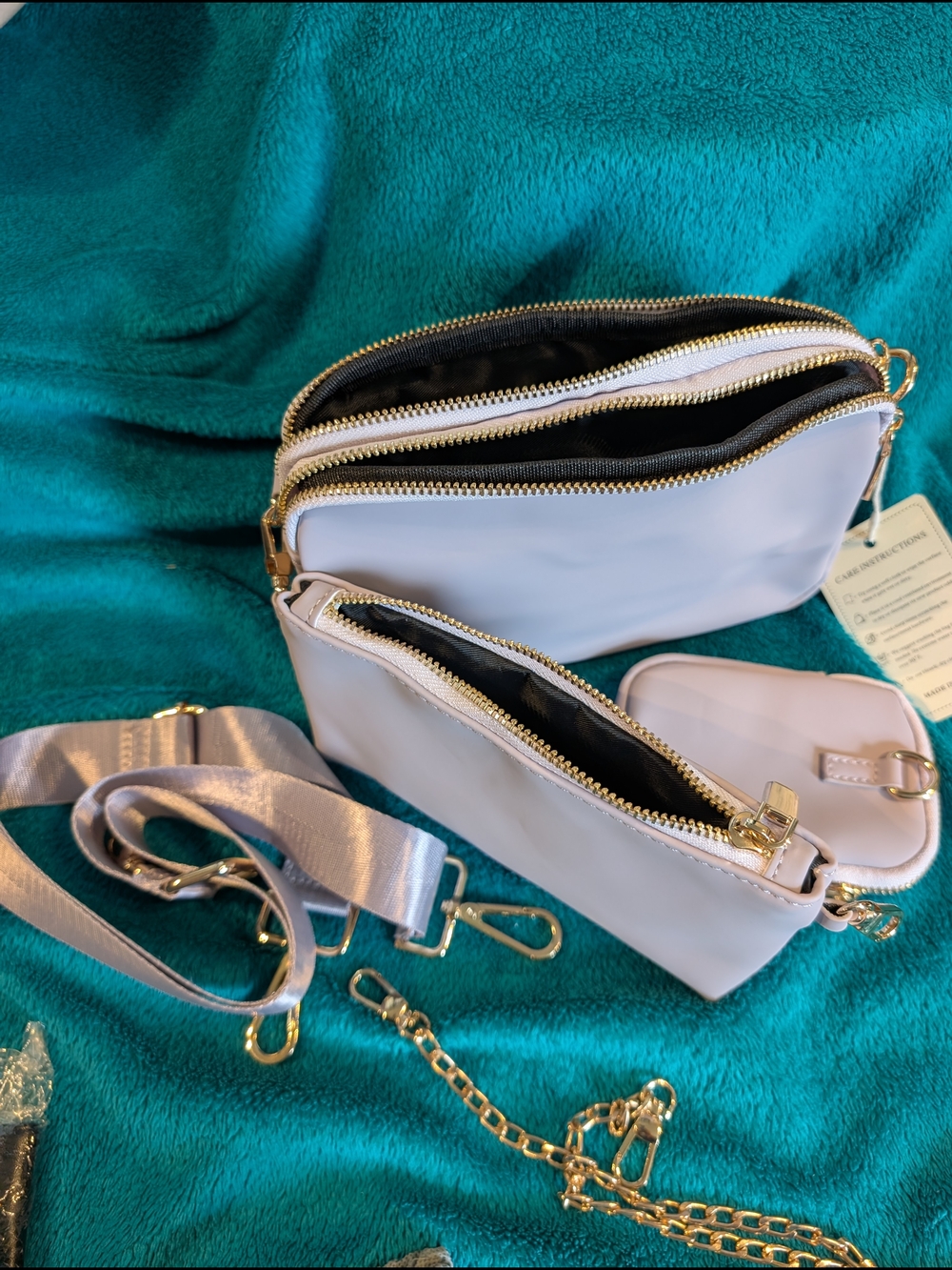 Light Purple Triple Pouch Crossbody Bag with Gold Hardware